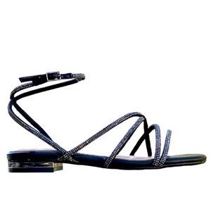 Anthropology BiBi Lou sparkly rhinestone black wrap around strap low heel sandal